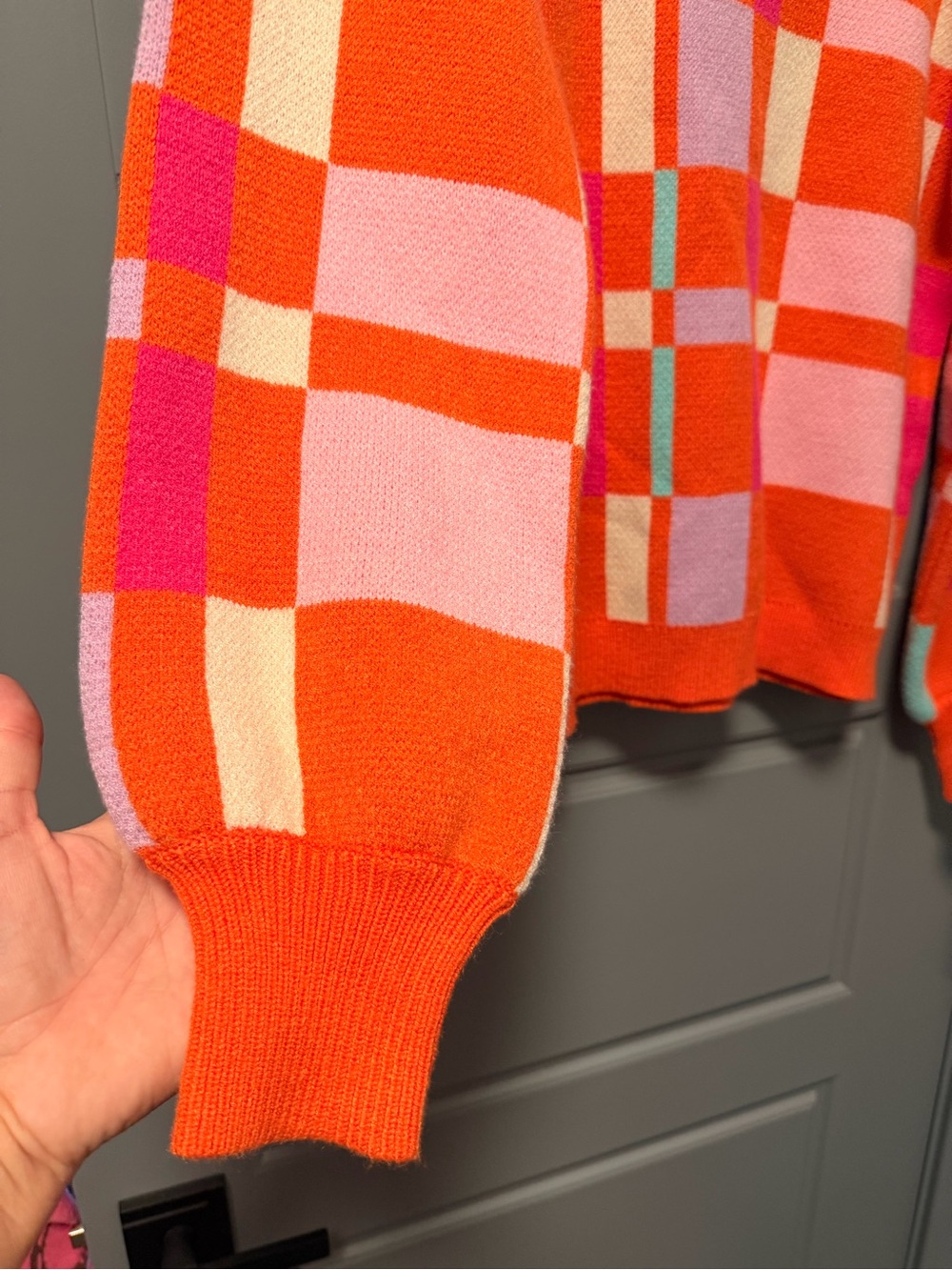 THML Long Sleeve Knit Orange Plaid Colorblock Crewneck Sweater MEDIUM - Picture 4 of 6
